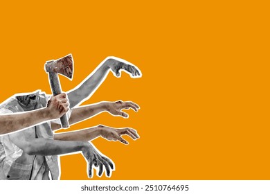 A zombie hand holding an axe is shown on an orange background. Concept of horror and danger, as the axe-wielding hand is surrounded by other zombie hands. Collage art