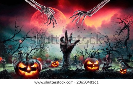 Zombie Hand Rising Out Of A Cemetery In Spooky Night At Red Moonlight - Contain Moon 3D Rendering