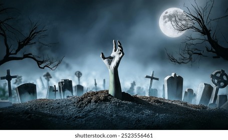 Zombie Hand Rising Out Of A GraveYard Halloween 19627