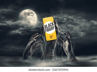 Zombie hands coming out of the ground, one is holding a smartphone with Black Friday online shopping ad