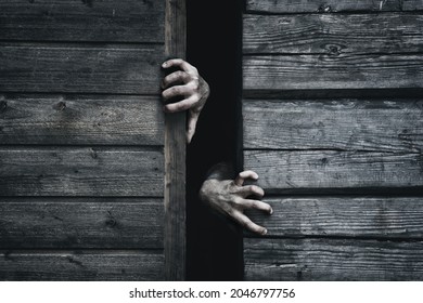 Zombie hands rising out from gap. Old wooden barn. Close up. Darkness horror and halloween background concept.
