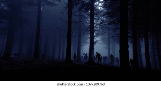 zombie horde in forest, blue toned photo - Shutterstock ID 1099289768