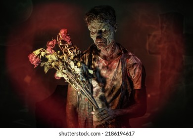 A zombie in love stands in a nighttime graveyard holding a bouquet of withered roses, surrounded by a heart-shaped red mist. Halloween, horror movie.