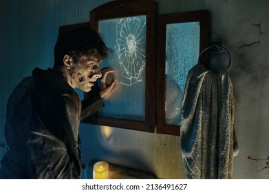 Zombie Monster Man Front Of Broken Mirror