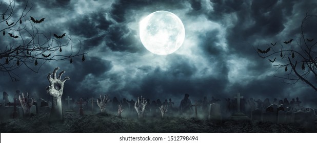 Zombie Rising and hands Out Of A Graveyard cemetery scary In Spooky dark Night full moon. Holiday event halloween concept. - Shutterstock ID 1512798494