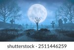 Zombie Rising Out Of A Graveyard cemetery In Spooky scary dark Night full moon bats on tree. Holiday event halloween banner background concept.