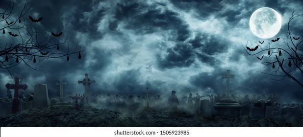 Zombie Rising Out Of A Graveyard cemetery In Spooky scary dark Night full moon bats on tree. Holiday event halloween banner background concept.  - Shutterstock ID 1505923985