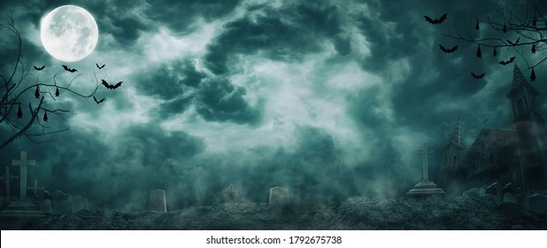 Zombie rising out of graveyard cemetery and church In Spooky scary dark Night full moon bats on tree. Holiday event halloween banner background concept.  - Shutterstock ID 1792675738