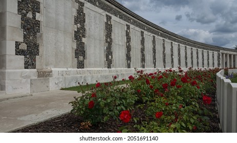 ZONNEBEKE, BELGIUM - MAY 25, 2014:  Memorial Wall Listing The Names Of Missing Soldiers With No Known Grave At Tyne Cot WW1 Cemetery