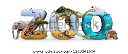 Zoo word in 3D with African nature wildlife animals and aquarium conceptual scene 
