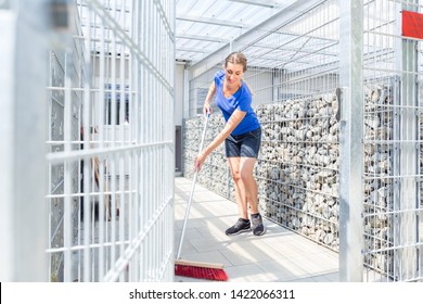 Zookeeper Cleaning Dog Cage In Animal Shelter With Sweep