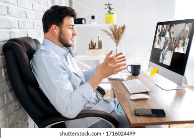 Zoom conference. Business partners communicate via video using laptop. The guy talks with his business partners appearance about plans and strategy. Distant work - Shutterstock ID 1716024499