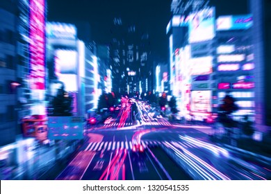 Zoom Effect of Night Time Traffic in Shinjuku District, Tokyo, Japan with a Retro Synthwave Color Effect