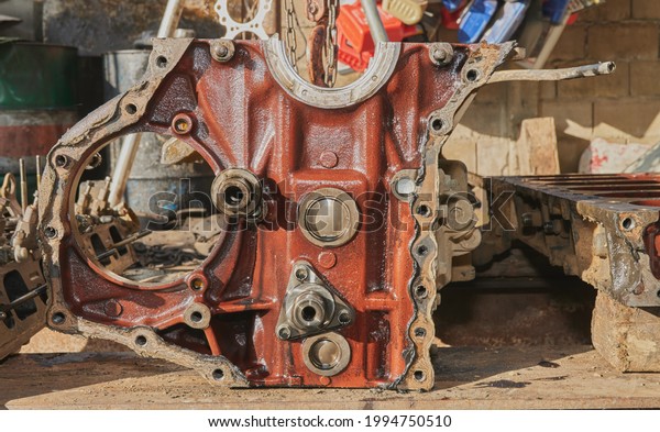 Zoom Front View Cylinder Block of Truck Engine and\
Engine Oil Stain