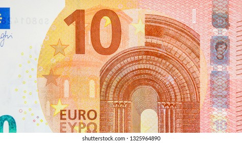Zooming in of the 10 Euro paper bill. Showing the details of the back of the 10 Euro bill