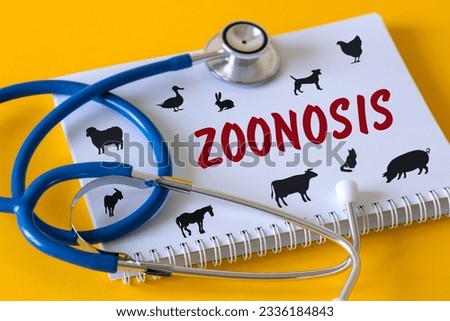 Zoonosis, Concept Zoonoses and infections transmissible from vertebrate animals to humans, Epidemic threat, Medical stethoscope, notebook with icons of farm animals and the word Zoonosis