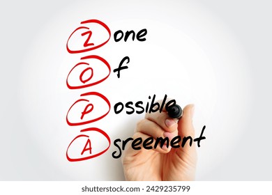 ZOPA Zone Of Possible Agreement - bargaining range in an area where two or more negotiating parties may find common ground, acronym text with marker