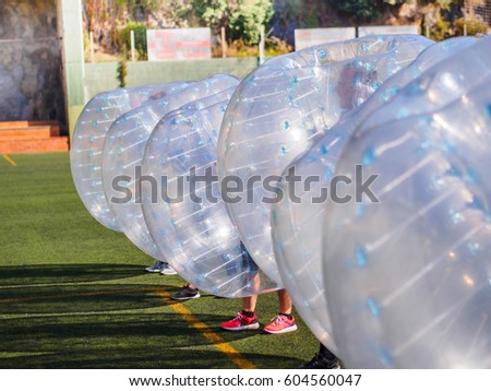 Zorb. outdoor toy. Bubble football, soccer. Sport team, wait for begin