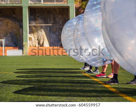 Zorb. outdoor toys, Bubble football, soccer. Sport team, wait for begin