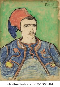The Zouave, by Vincent Van Gogh, 1888, Dutch Post-Impressionist watercolor painting. Executed with reed pen, brown ink, wax crayon, over a graphite drawing, this was a portrait Van Gogh made in Arles