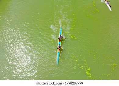 Zrenjanin, Vojvodina, Serbia - August 17, 2019:  Above View On Young Rowers Who Have A Competition In Rowing Kayaks On The River.