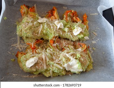 Zucchini Flower Recipe Ingredients With Cottage Cheese On White Background, Natural Light