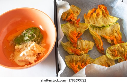 Zucchini Flower Recipe Ingredients With Cottage Cheese On White Background, Natural Light