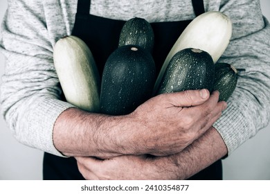 Zucchini in the hands of the farmer. Autumn harvest. Man wearing a black apron holding fresh seasonal green zucchini. Gardening, farming, and natural food concept. - Powered by Shutterstock