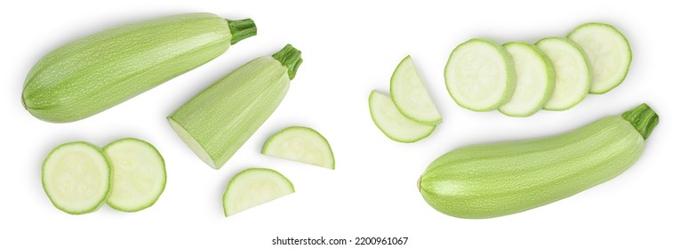 zucchini or marrow isolated on white background with full depth of field. Top view. Flat lay