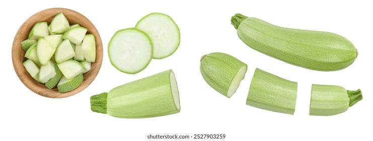 zucchini or marrow isolated on white background. Top view. Flat lay