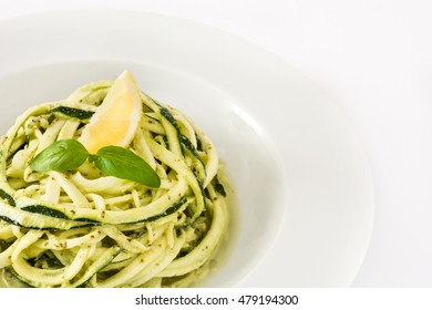 Zucchini Noodles With Pesto Sauce Isolated On White Background

