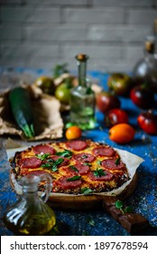 Zucchini Pizza Crust With Salami And Cheese. Rustic Style.selective Focus