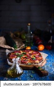 Zucchini Pizza Crust With Salami And Cheese. Rustic Style.selective Focus