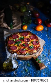 Zucchini Pizza Crust With Salami And Cheese. Rustic Style.selective Focus