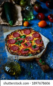 Zucchini Pizza Crust With Salami And Cheese. Rustic Style.selective Focus