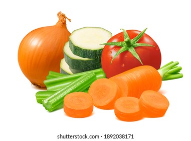 Zucchini Slices, Onion, Carrot, Celery And Tomato Isolated On White Background. Package Design Element With Clipping Path