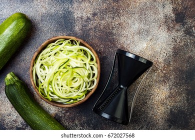 Zucchini Spaghetti Or Noodles (zoodles) Bowl. Top View, Copy Space