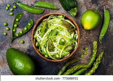 Zucchini Spaghetti Or Noodles (zoodles) Bowl With Green Veggies. Top View, Overhead