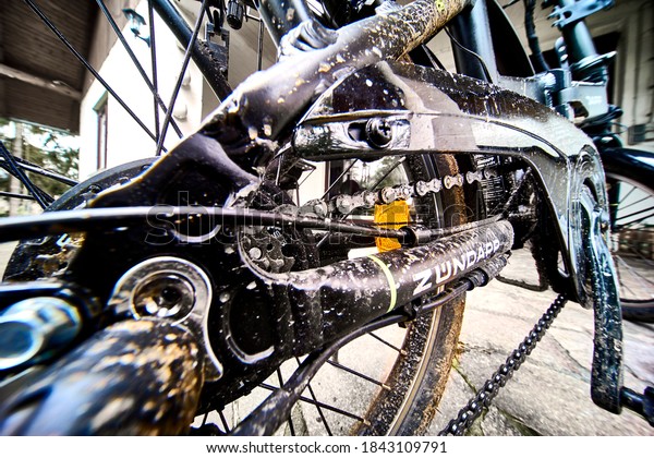 Zuendapp folding bike, partial view of the dirty\
rear frame after a bicycle tour with the small e-bike in Gifhorn,\
Germany, March 6,\
2020.