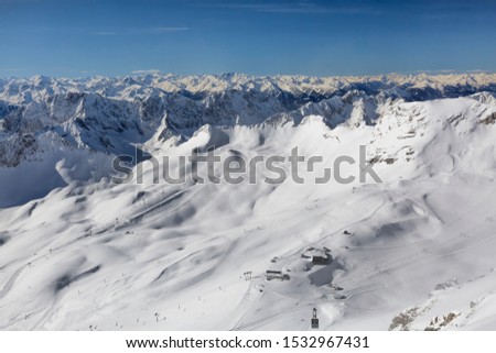 Zugspitze plateau. Germany's highest mountain peak  Zugspitze, at 2,962 m (9,718 ft.) and its last Glaciers