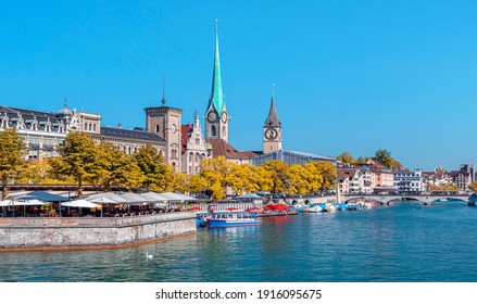 Zurich city center with famous Fraumunster and Grossmunster Churches and river Limmat at Lake Zurich, Canton of Zurich, Switzerland