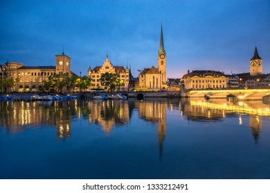 Zurich Cityscape At Night With Fraumünster Church And Limmat, Canton Zürich, Switzerland