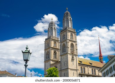 Zurich Great Minster (Grossmünster) Church Towers At Summer.