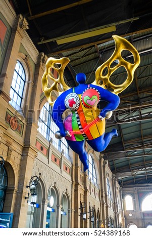 Zurich HB, Guardian Angel, Niki de St. Phalle, Main Station, Christmas Market , On 22 October 2016 , Zurich, Switzerland