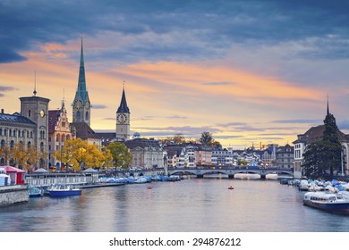 Zurich. Image Of Zurich, Switzerland During Autumn Sunset.