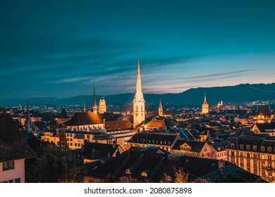 Zurich Skyline With Church Steeples At Night Switzerland