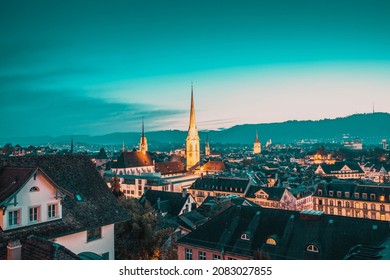 Zurich Skyline With Church Steeples At Night Switzerland