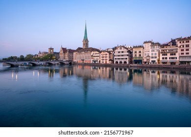 Zurich (Zürich) Skyline At Dusk With View Of Fraumünster Church And Limmat River, Switzerland