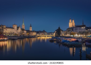 Zurich Skyline At Night With Church Towers - Zurich, Switzerland