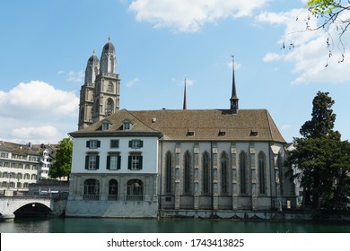 Zurich / Switzerland - 05 05 2020: Grossmünster Church In Zurich, Lateral View From River Limmat